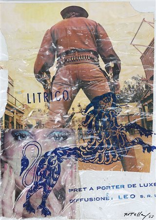 MIMMO ROTELLA 1928 - 2006 I dragoni, 1995 Collage su tela, cm. 35 x 25...