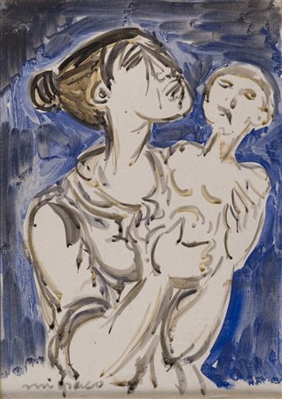 GIUSEPPE MIGNECO (Messina 1903 - 1997) Donna con bambino Acquarello su tela,...