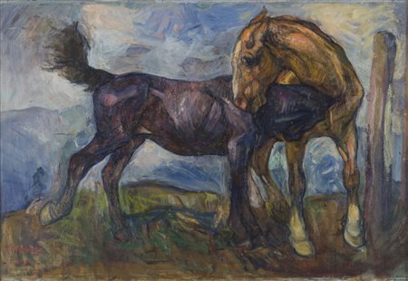 GIUSEPPE RIVAROLI (Cremona 1885- Roma 1943) Cavalli, 1930 ca. Olio su cartone...