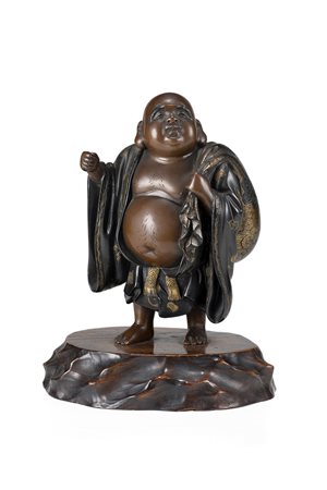 Hotei con sacco in bronzo e base in legno (mancanze) Giappone, periodo Meiji...