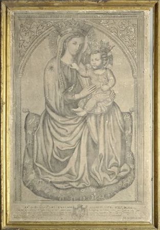Madonna con bambino antica stampa montata su tela cm. 69,5x56, cornice in...