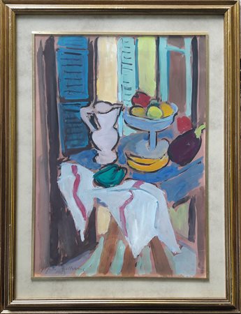 Alfredo Beltrame "Vaso, frutta e melanzana" 1983 - Tempera su cartoncino - cm...