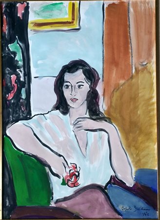 Alfredo Beltrame "Ragazza bruna con fiore" 1942 - Tempera su cartoncino - cm...