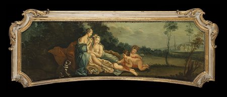 Scuola del sec. XIX "Figure femminili e putti in un paesaggio" olio su tela...