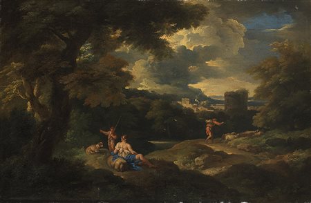 Tavella Carlo Antonio (Milano 1668 - Genova 1738) "Paesaggio con pastori e...