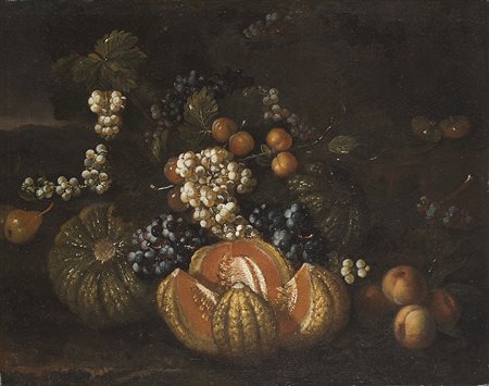 Rizzi Marco Antonio (1648 - 1723) (Attr.)"Tre meloni uva e altri frutti" olio...