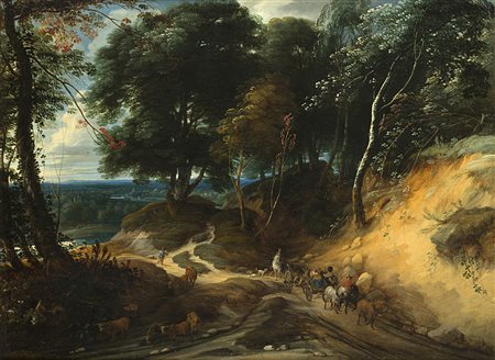 Ignatius Van Der Stock (1635 - 1664) "Paesaggio con viandanti" olio su tela...