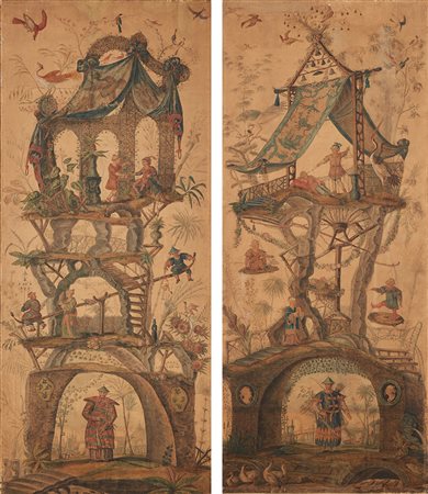 Due pannelli dipinti su carta intelata decorati a chinoiserie con personaggi...