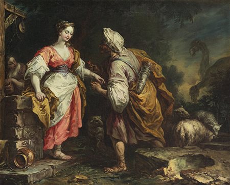 Pianca Giuseppe Antonio (Agnona 1703 - Milano 1760) "Rebecca e Eliezer" olio...