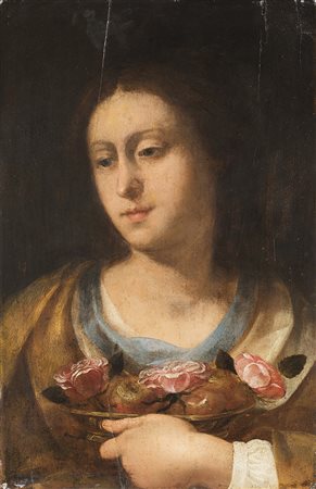 Ignoto del secolo XVII "Giovane donna con rose", olio su tavola (cm 51x34) In...