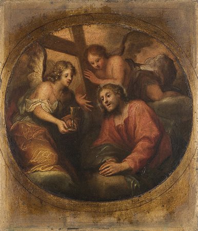 Scuola del secolo XVIII "Cristo fra gli angeli" dipinto tondo ad olio su...