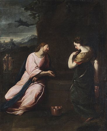 Scuola del secolo XVII "Cristo e la Samaritana al pozzo" olio su tela (cm...