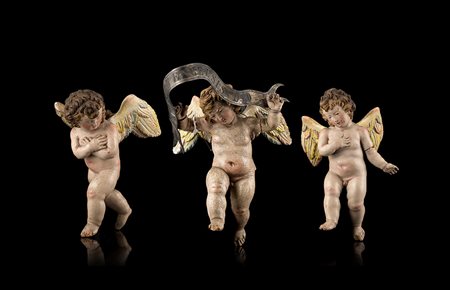 Arte napoletana del sec. XIX "Cherubini" tre sculture da presepe in legno...