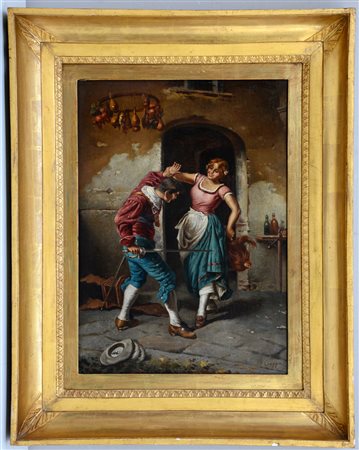 Ignoto "Schermaglie d'amore" olio su tela (cm 49x35)reca firma indecifrata in...