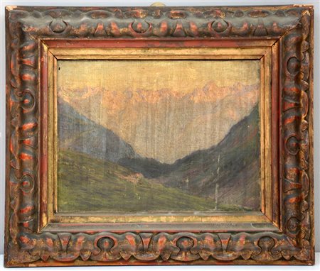 Ignoto. "Paesaggio montano" olio su cartone telato (cm 20x26). In cornice