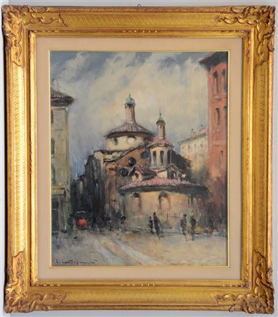 Cirano Castelfranchi (Genova 1912) "Chiesa di S.Satiro a Milano" olio su tela...