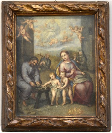 Antico dipinto raffigurante sacra famiglia con santi, olio su tavola (cm...