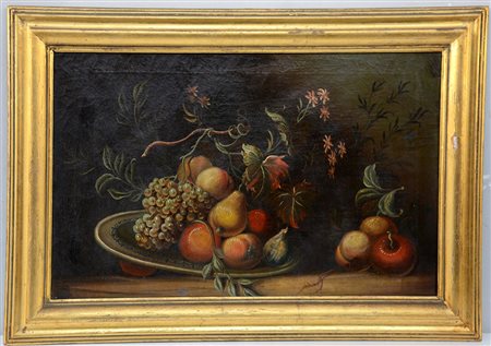 Ignoto "Composizione con piatto e frutti" olio su tela (cm 47x72) In cornice