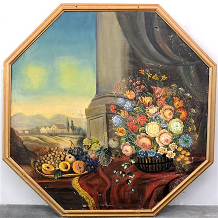 Ignoto "Natura morta con fiori", olio su tela ottagonale (cm 148x158). In...