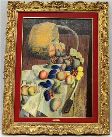 Riccardo Stoppa "Natura morta con frutta", olio su tela (cm 70x50), in...