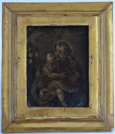 "Sant'Antonio con Bambino", olio su rame. In cornice (cm 15x11) (difetti)