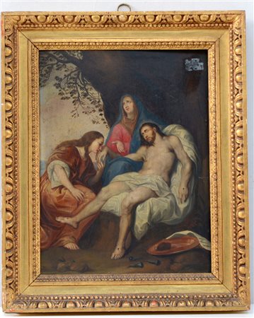 D. Chrestien "Gesu e le pie donne" olio su tavola (cm 36x27,5) In cornice...