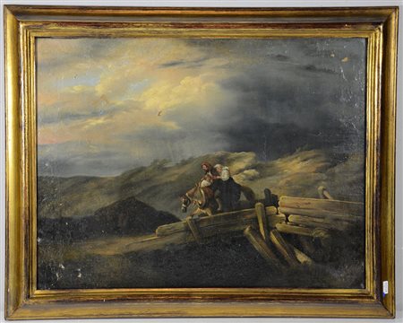 Scuola dell'inizio del XIX secolo "La fuga" olio su tela (cm 45x59) in...