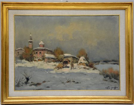 Ivan Karpoff (Novocerkask 1898 - Milano 1970) "Paesaggio innevato con chiesa...