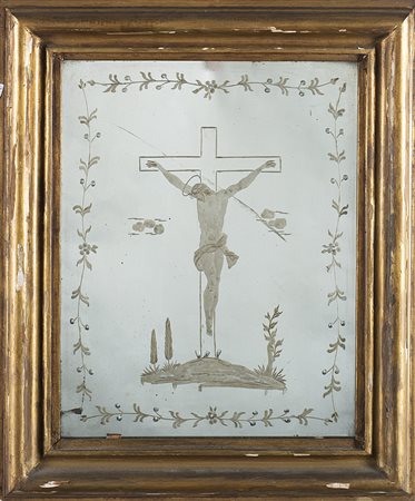 Arte del sec. XIX specchiera con vetro decorato con figura di Cristo...