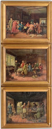 Lotto di tre riproduzioni su tela raffiguranti scene d'interno (cm 35x45), in...