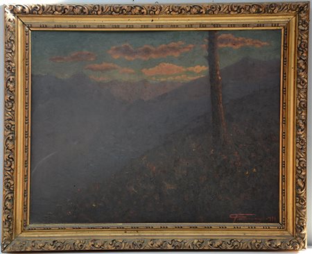 Firma indecifrata. "Paesaggio al tramonto" olio su compensato (cm 48x62)....