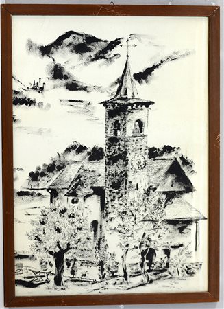 Firma indecifrata "Scorcio di chiesa con campanile" disegno a china (cm...