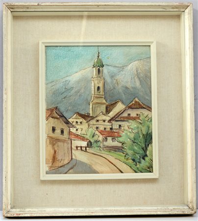 Ignoto "Scorcio di paese con campanile" acquerello (cm 29x24) iscritto e...