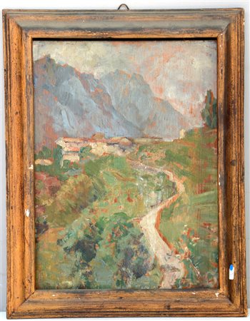 Firma indecifrata. "Paesaggio montano" olio su compensato (cm 32x24). Firmato...