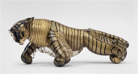 ALFREDO BARBINI Figura di tigre, anni '30. Pasta vitrea nera con applicazioni...