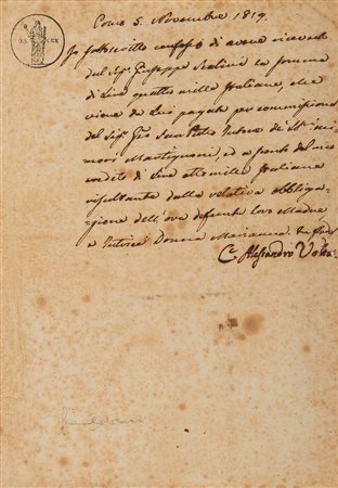 VOLTA, Alessandro (1745-1827). Lettera autografa con destinatario non...