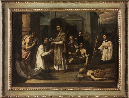 S. Carlo Borromeo comunica con gli appestati, cornice coeva in legno...