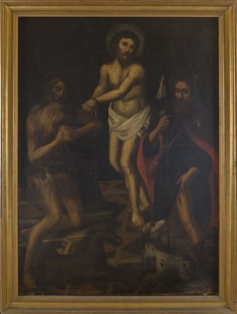 Cristo legato tra San Giovanni Battista e San Rocco, olio su tela cm 135X96