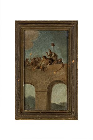 Frammento di pittura raffigurante ponte romano e personaggi, olio su tela, cm...