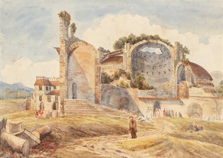 Paesaggio con rovine romane e figure, acquerello su carta. Misure: cm 28x20,5