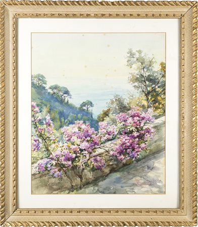 Scorcio con fiori, acquerello su carta cm 59x49