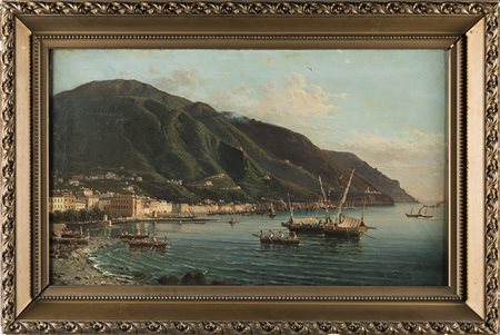 Veduta della costiera con barche, olio su tela, cm 40x70