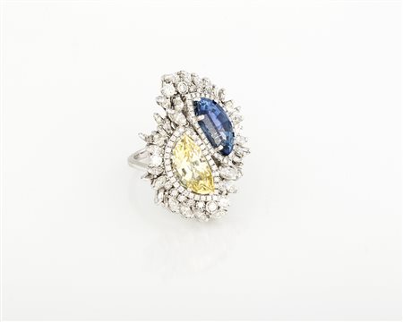 Anello in oro bianco con zaffiri Ceylon gialli e blu ct 13,00, diamanti...