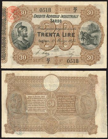 BANCONOTE. Credito Agricolo Industriale Sardo. 30 lire 1874. BB/SPL