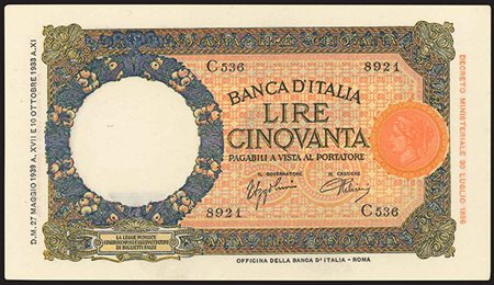 BANCONOTE. Banca d'Italia. 50 lire 27/05/1939. FDS