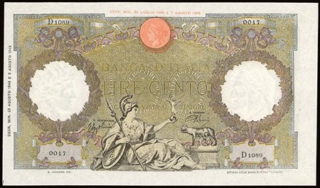 BANCONOTE. Banca d'Italia 100 lire 23/08/1943. SPL