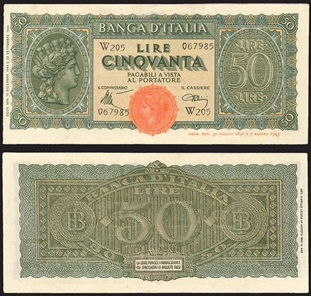 BANCONOTE. Banca d'Italia. 50 lire 10/12/1944, serie W. SPL