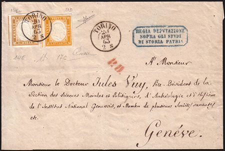 [SARDEGNA/REGNO D'ITALIA] 1863 (20 apr.) IV emissione. Busta da Torino per...