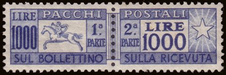 [REPUBBLICA] 1954 Pacchi postali, 1000 lire filigrana ruota, "Cavallino"....