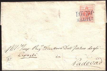 [LOMBARDO-VENETO] 1850 (22 giu.) Lettera da Rovigo per Padova, affrancata con...